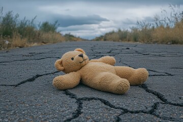 A child's teddy bear lies abandoned on cracked, barren asphalt in a desolate nuclear fallout zone, surrounded by overgrown weeds and dark, threatening skies