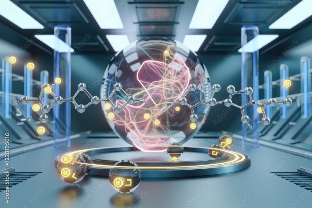 Poster futuristic lab showcasing a glowing brain inside a sphere, connected to molecular structures, repres