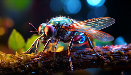 Futuristic Insect with Iridescent Wings on Forest Branch with Glowing Wings.