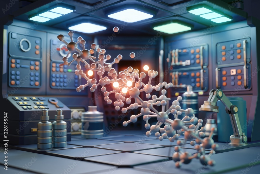 Poster futuristic lab showcasing molecular structures, representing scientific advancements in nanotechnolo