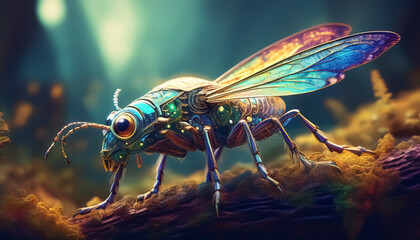 Vibrant mechanical insect with glowing, iridescent wings, set against a mystical nature background.