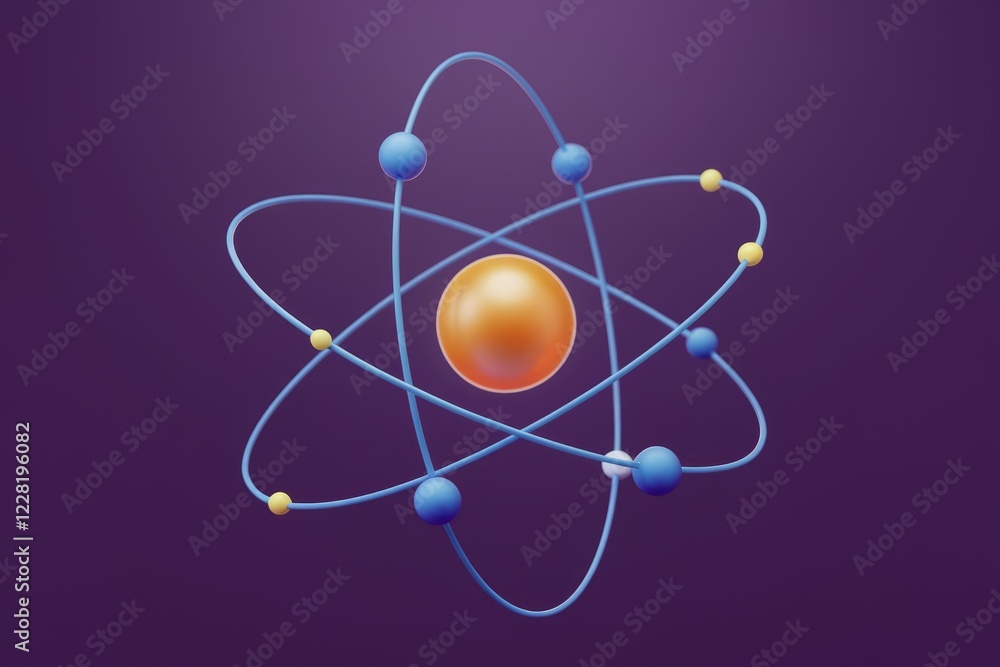 Poster a stylized 3d model of an atom, showing the nucleus and orbiting electrons.