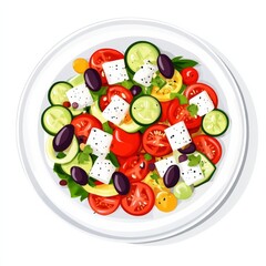 A plate of colorful Greek salad with tomatoes, cucumbers, and feta cheese