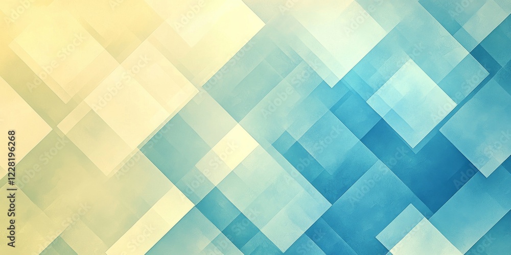 Poster abstract geometric pattern in shades of blue and yellow overlapping squares create a dynamic design