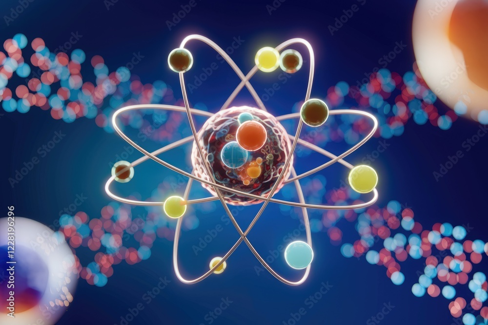 Aufkleber a vibrant 3d model of an atom, showcasing its nucleus and orbiting electrons, represents the fundame
