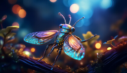 Futuristic insect with metallic wings and body, glowing in neon hues of blue, purple, and gold against a bokeh background.