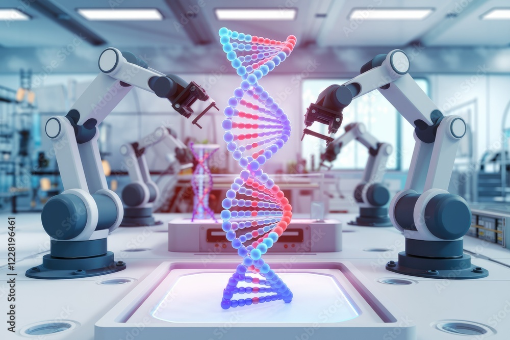 Aufkleber robotic arms manipulate a dna double helix in a futuristic laboratory setting, symbolizing advanceme