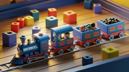 A charming toy train set with colorful carriages and blocks, evoking childhood memories.