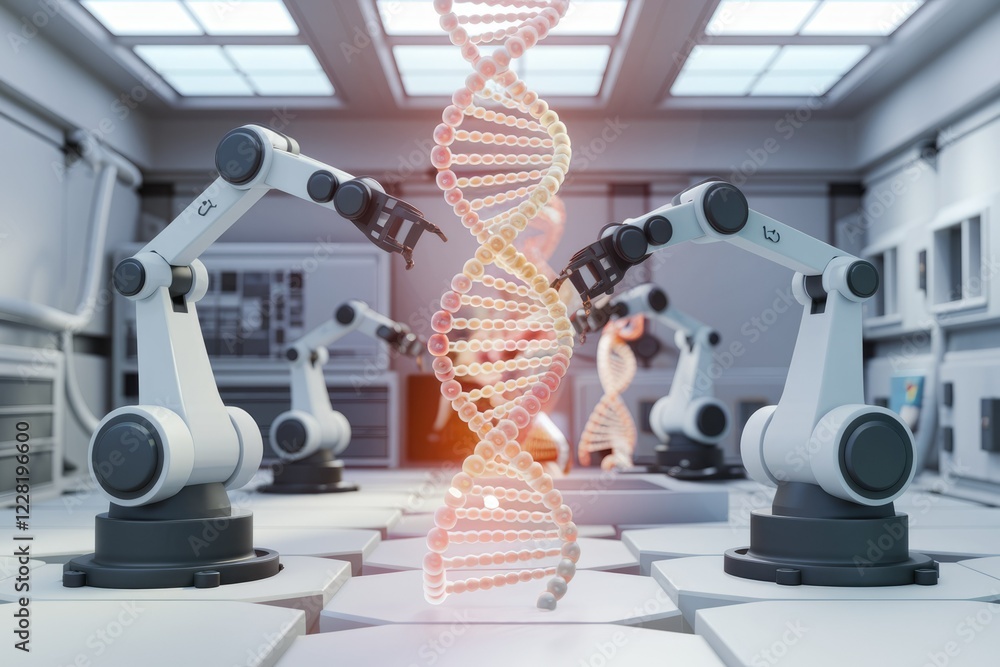 Poster robotic arms manipulate a dna strand in a futuristic laboratory setting, symbolizing advancements in