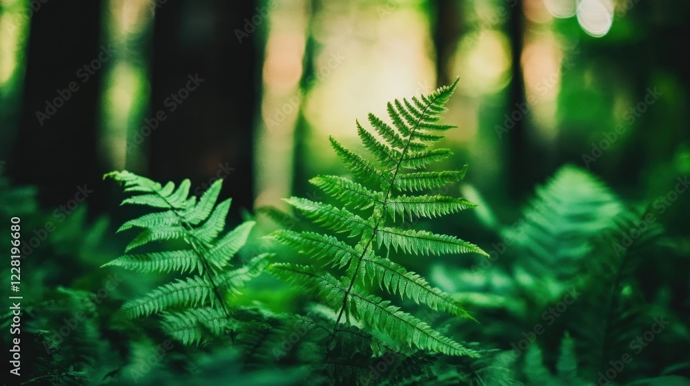 Poster lush green ferns in a forest setting