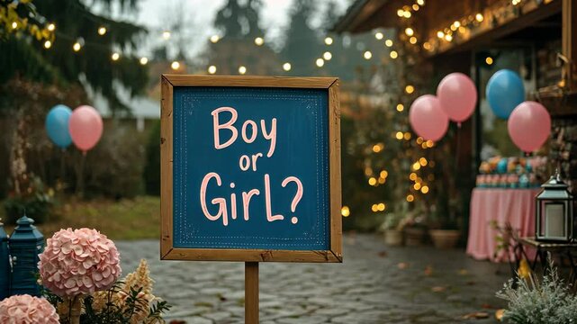 Anticipation at gender reveal party with festive decorations and balloons