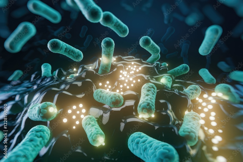 Poster microscopic view of numerous rod-shaped bacteria interacting on a dark surface, glowing particles pr