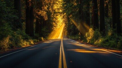 Fototapeta premium Long road through a forest with light filtering through the trees