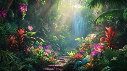 Obraz premium Lush Tropical Paradise Waterfall Path Flowers