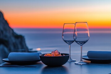 Romantic dinner with sunset view coastal location food and drink relaxing environment elevated perspective dining experience