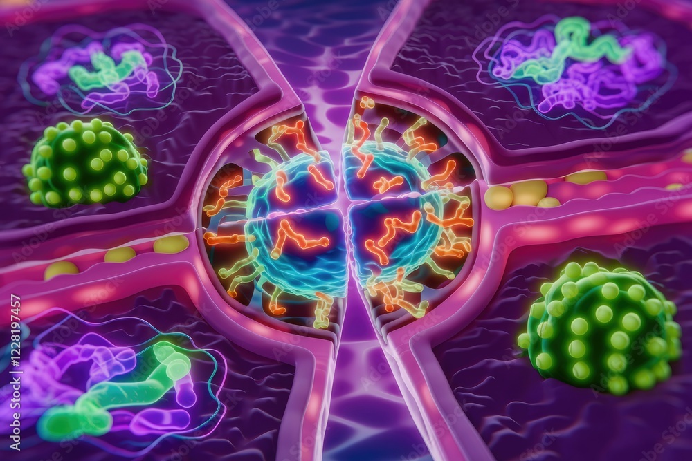 Poster virus infecting a cell, depicted in a detailed 3d model showing cellular structures and viral compon