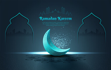 islamic greeting ramadan card design with beautiful blue crescent moon