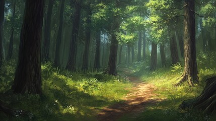 Fototapeta premium Sunlit Path Through A Lush Green Forest