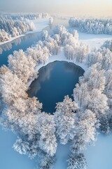 Aerial view of winter forest covered by heavy snow and lake water.