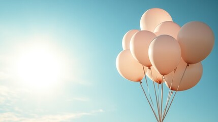 Fototapeta premium Floating pastel-colored balloons against a bright blue sky, free copy space