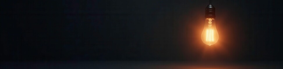 Softly glowing light bulb suspended in mid-air against a dark background, glow, backlighting, retro