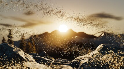 Golden sunset over snow-capped mountains, sparkling water droplets in the air.