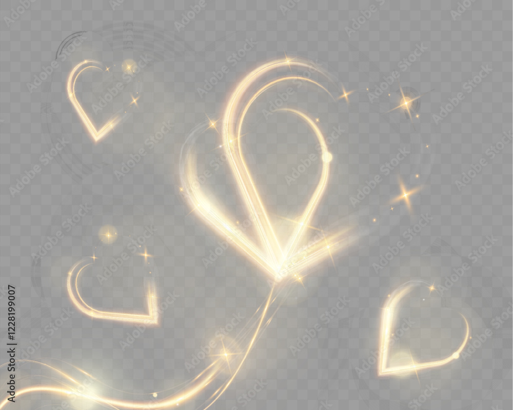 Poster golden glowing heart shapes, light trails, and 