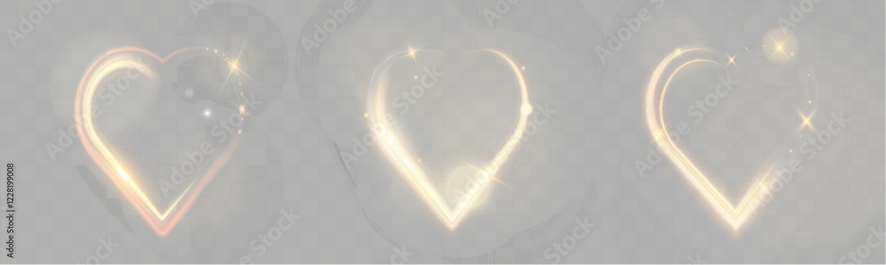 Poster golden glowing heart shapes, light trails, and 