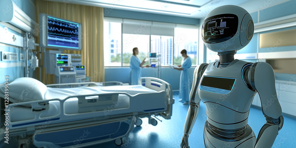 Poster advanced robot with a screen showing patient data in a high-tech hospital, illustrating cutting-edge