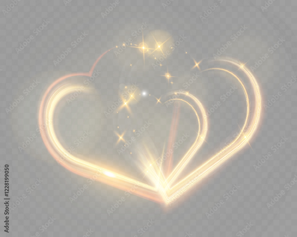 Poster golden glowing heart shapes, light trails, and 