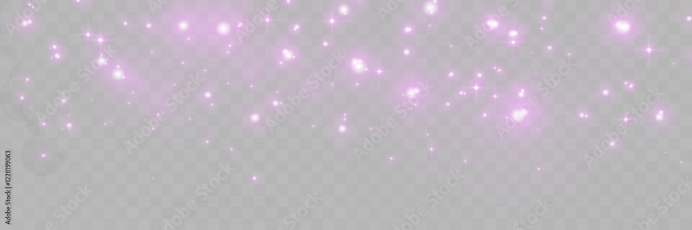 Poster purple glowing light sparks on a transparent background, creating an abstract, luminous, and atmosph