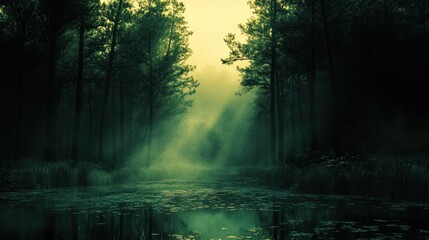Obraz premium Misty Forest Canal Enveloped In Verdant Shadows