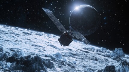 Space exploration mission moon orbit satellite cosmic environment aerial view scientific discovery