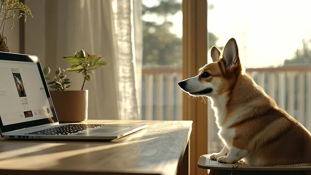 Corgi Waiting by Laptop on Desk for Video Call with Owner