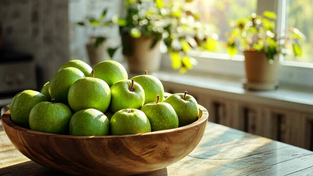 Sunlit green apples in wooden bowl on rustic table with blooming background