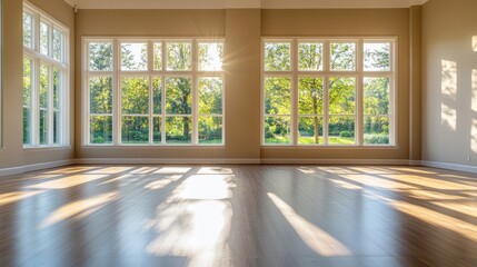 Sunlit Room With Large Windows and Hardwood Floor