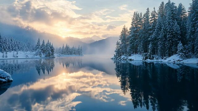 Serene winter dawn reflection on snowcovered lake with tranquil forest and mountain views