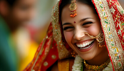 A joyful young bride wearing traditional Indian bridal costumes and jewelry on her wedding day