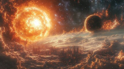 Celestial event explosive sunrise over extraterrestrial landscape cosmic space digital vast universe awe-inspiring concept