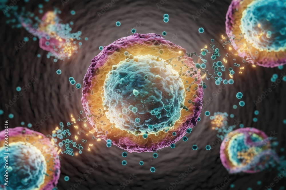 Poster Microscopic view of cellular processes, showcasing vibrant colors and dynamic interactions between cells and molecules.