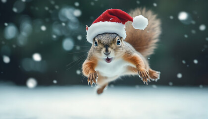 A jumping squirrel wearing a Christmas hat.