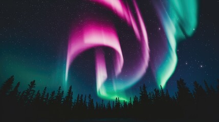 Vibrant pink and green aurora borealis dance across a starry night sky above a silhouetted forest.
