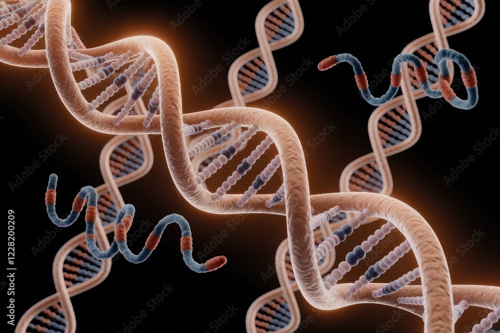 Poster A 3D rendering of DNA double helixes, illustrating the complexity of genetic material.