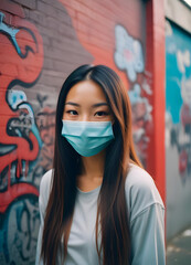 woman in mask with graffiti on wall