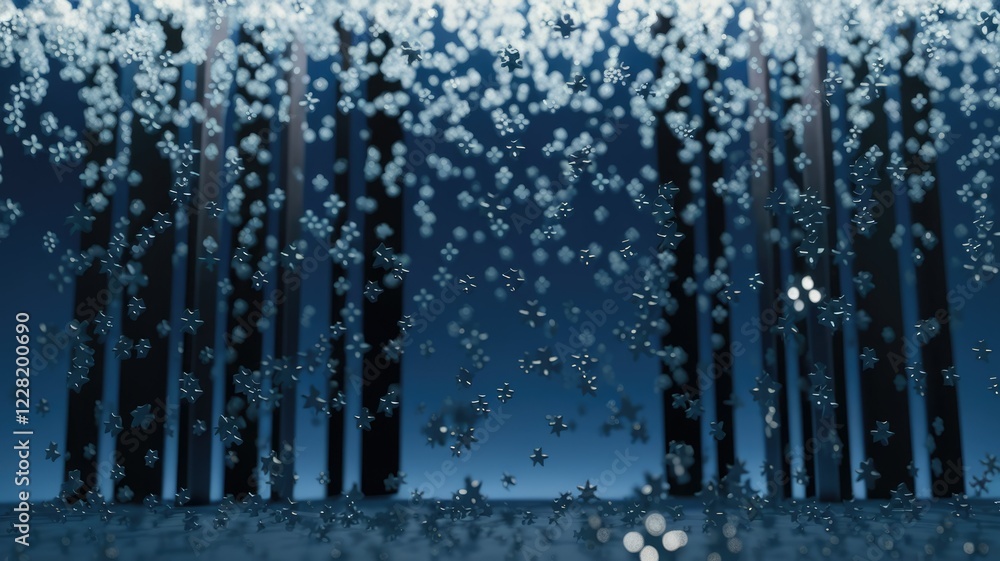 Aufkleber falling snowflakes in a dark forest, creating a serene and magical winter scene.