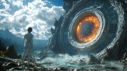 Woman gazes at fiery portal, alien landscape. Sci-fi movie poster