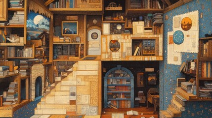 Fototapeta premium A Detailed Depiction Of A Cozy And Extensive Book Filled Room