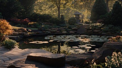 Serene Japanese Garden Pond With Stone Path And Pagoda