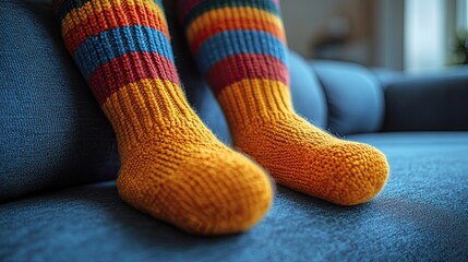 Close up of a pair of colorful knitted socks on a blue couch.