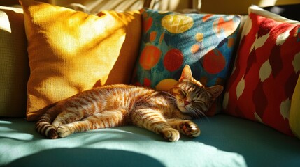 Cozy cat naps on colorful outdoor cushions in sunlight